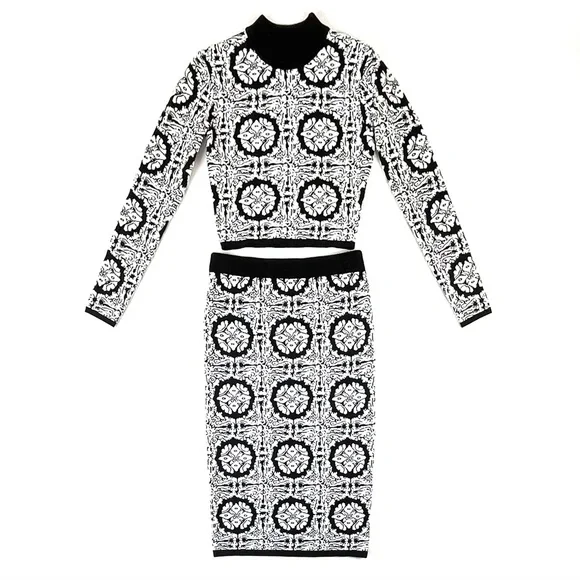 Bebe Jacquard Tile Mock Neck Top & Midi Skirt 2 Pc Set